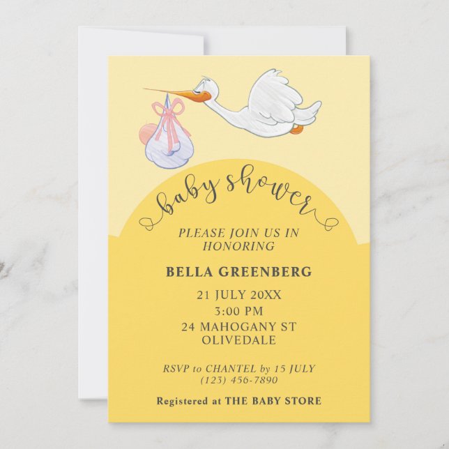 Yellow Baby Shower Stork Invitation (Front)