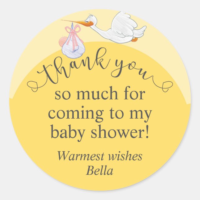Yellow Baby Shower Stork Thank You Sticker (Front)