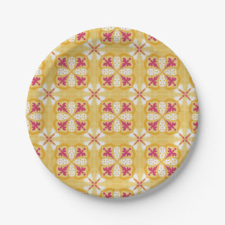 yellow back & symmetrical pink floral pattern  paper plate