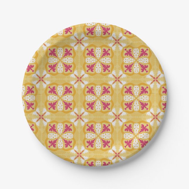 yellow back & symmetrical pink floral pattern  paper plate (Front)