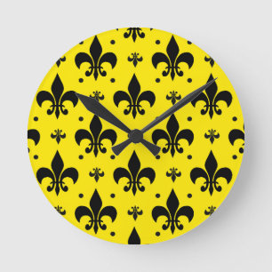 Yellow Background Fleur-de-lis Pattern Design  Round Clock