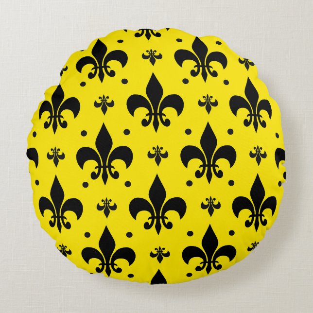 Yellow Background Fleur-de-lis Pattern Design  Round Cushion (Front)
