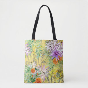Yellow Background Floral Watercolor Pattern Tote Bag