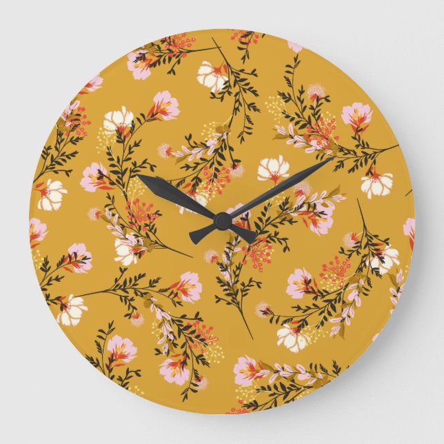 Yellow background flowers large clock (Front)