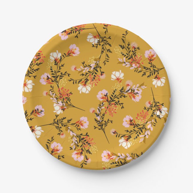 Yellow background flowers paper plate (Front)