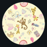 Yellow Background Toys 1" or 3" Baby Classic Round Sticker<br><div class="desc">A yellow background covered with baby toys,  monkey,  pyjamas,  shoe,  block,  flowers,  train,  clothesline with clothes,  etc.</div>