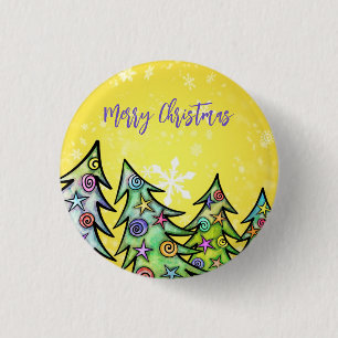 Yellow Background With Snowflakes AndChristmasTree 3 Cm Round Badge