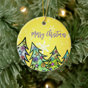 Yellow Background With Snowflakes AndChristmasTree Ceramic Ornament