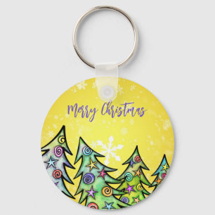 Yellow Background With Snowflakes AndChristmasTree Key Ring