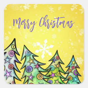 Yellow Background With Snowflakes AndChristmasTree Square Sticker