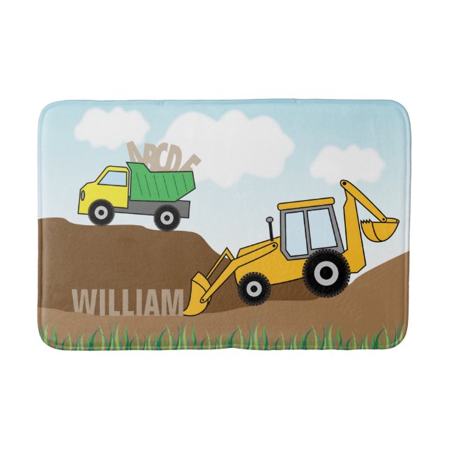 Yellow Backhoe and Dump Truck Personalised Bath Mat (Front)