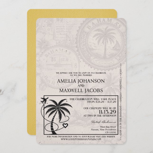 Yellow Bahamas Passport Wedding Invitation (Front/Back)