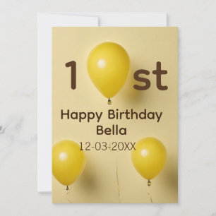 Yellow balloons 1st birthday add name date text holiday card