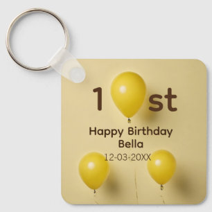 Yellow balloons 1st birthday add name date text key ring