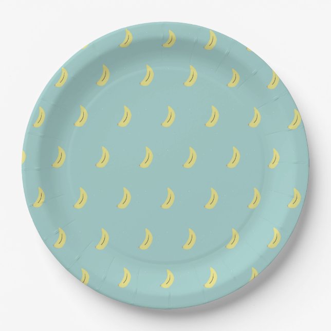Yellow banana drawing blue pattern paper plate (Front)