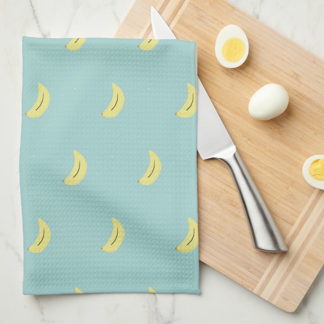 Yellow banana drawing blue pattern tea towel (Quarter Fold)