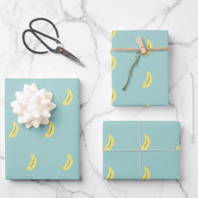 Yellow banana drawing blue pattern wrapping paper sheet (Front)