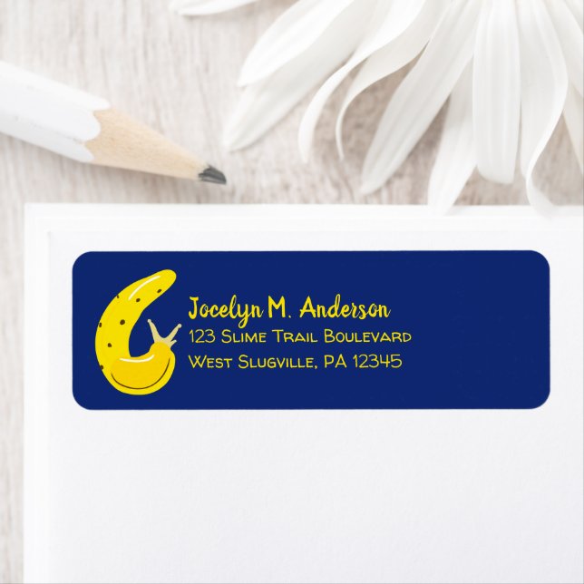 Yellow Banana Slug Blue Return Address Label (Insitu)