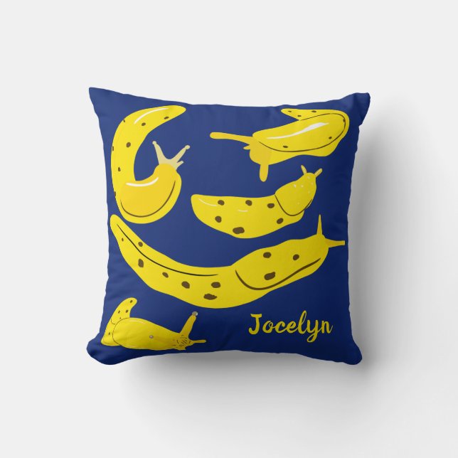 Yellow Banana Slugs on Royal Blue Personalised Cushion (Front)