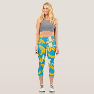 Yellow bananas, blue background pattern capri leggings