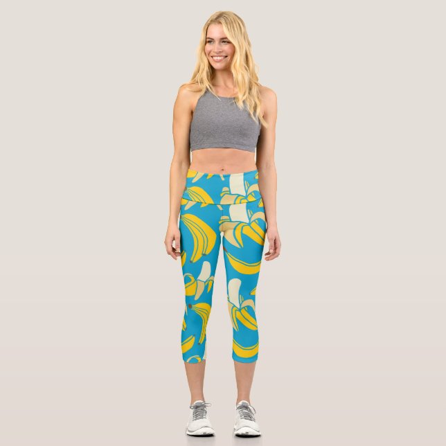 Yellow bananas, blue background pattern capri leggings (Front)