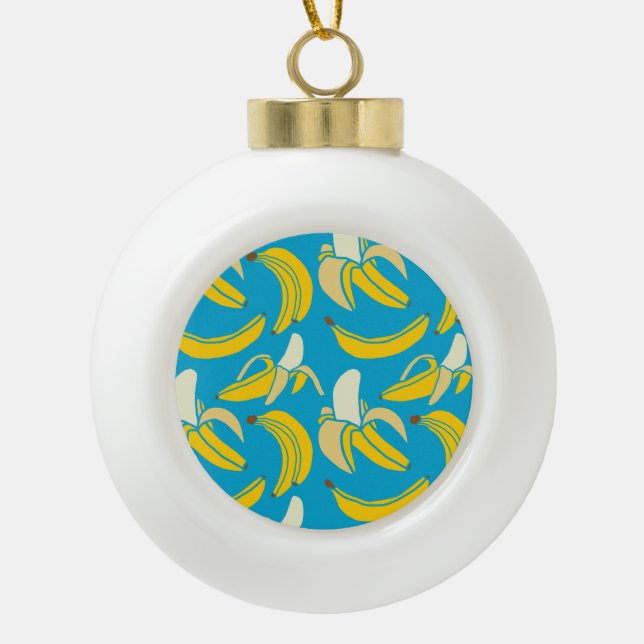 Yellow bananas, blue background pattern ceramic ball christmas ornament (Front)
