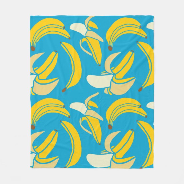 Yellow bananas, blue background pattern fleece blanket (Front)