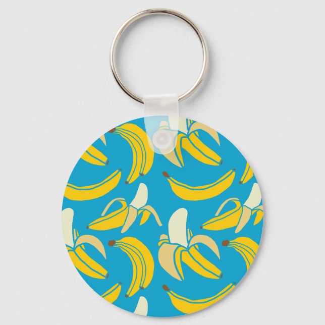 Yellow bananas, blue background pattern key ring (Front)