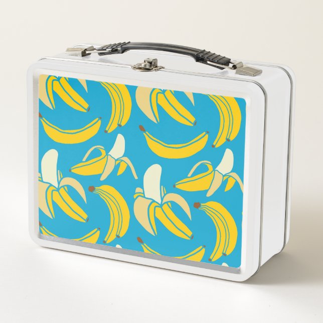 Yellow bananas, blue background pattern metal lunch box (Front)