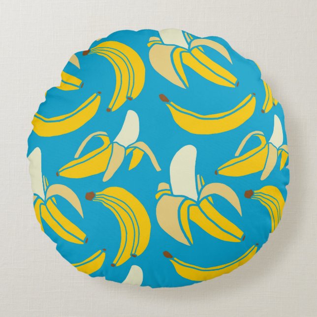 Yellow bananas, blue background pattern round cushion (Front)