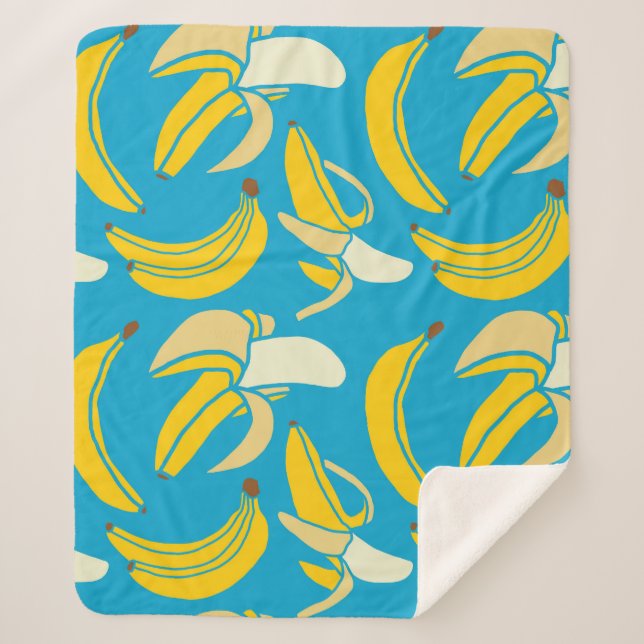 Yellow bananas, blue background pattern sherpa blanket (Front)