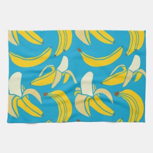 Yellow bananas, blue background pattern tea towel