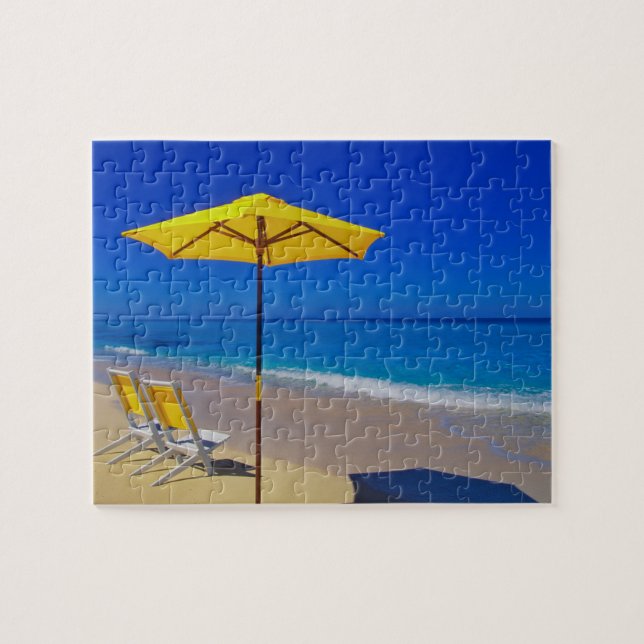 Yellow beach umbrella and chairs on pristine jigsaw puzzle (Horizontal)