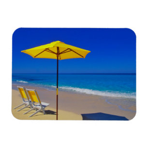 Yellow beach umbrella and chairs on pristine magnet
