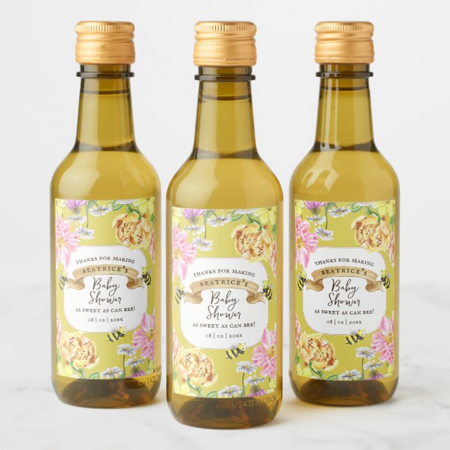 Yellow Bee and Wildflower Baby Shower Favours Wine Label (Bottles)