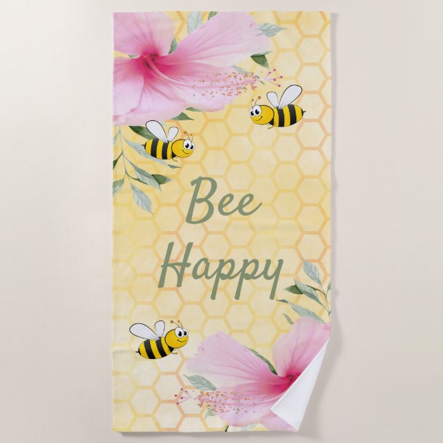 Yellow Bee Happy pink florals Beach Towel (Front)