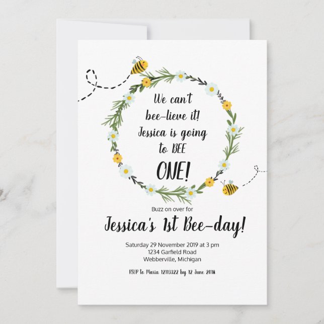 Yellow Bee Rustic 1st Birthday Party Invitation (Front)