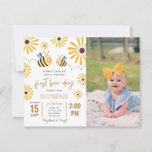 Yellow Bee Sunflower Virtual First Bee-day Photo Invitation