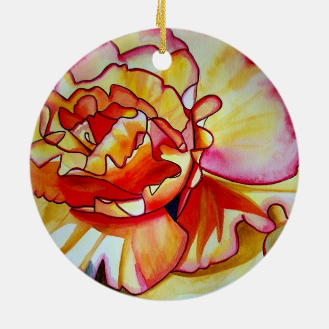 Yellow Begonia flower watercolour original art Ceramic Ornament (Back)
