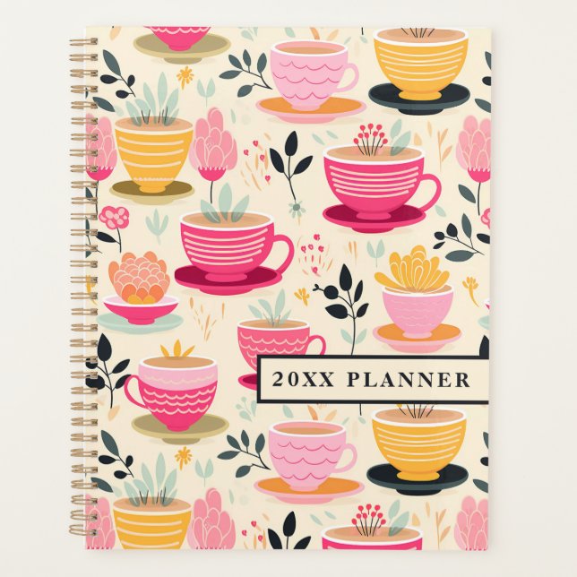 Yellow, Beige, and Candy Pink Tea Cups Planner (Front)