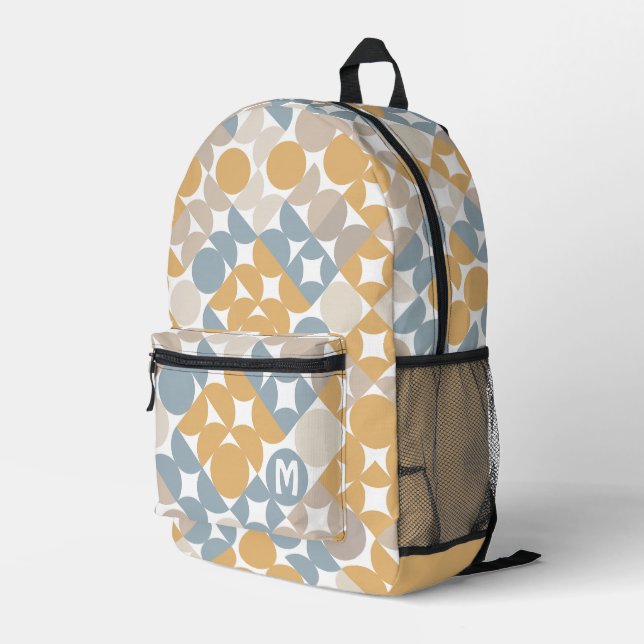 Yellow Beige Brown Grey Midcentury Circles Pattern Printed Backpack (Back Corner Right)