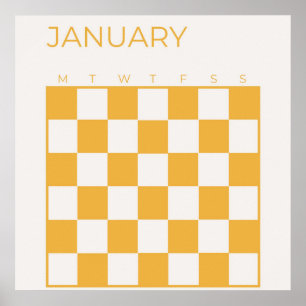 Yellow Beige Undated Chequered January Calendar Poster