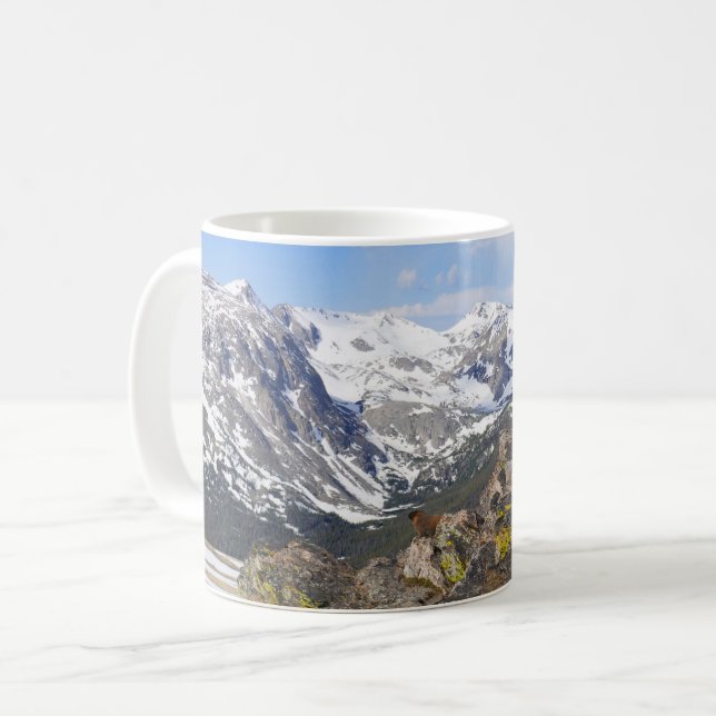 Yellow-Bellied Marmot Gazing at Rocky Mountains Coffee Mug (Front Left)