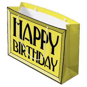 Yellow Beveled Happy Birthday Art Deco Large Gift Bag