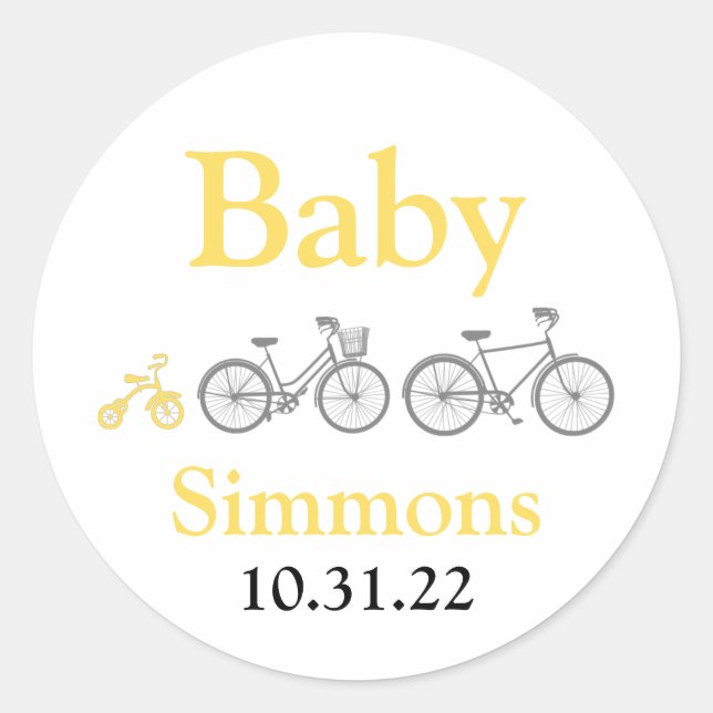 Yellow Bicycle Baby Shower Classic Round Sticker (Front)