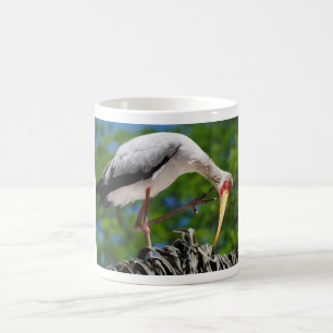 Yellow-billed stork perched on tree coffee mug