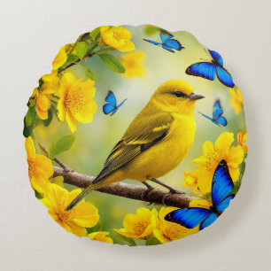 🐦 Yellow Bird Artistic Nature Home Decor 🌿✨ Round Cushion