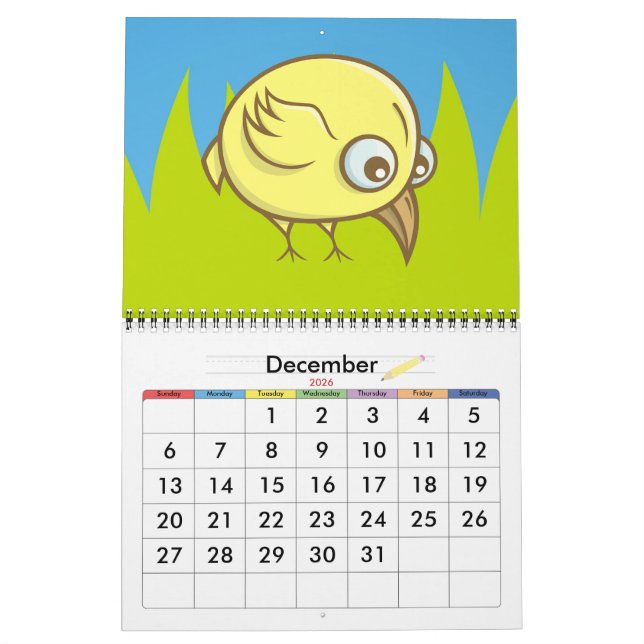 Yellow bird cartoon calendar (Dec 2026)