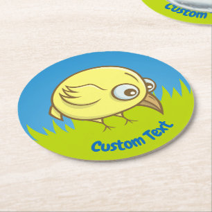 Yellow bird cartoon round paper coaster