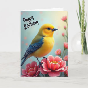 Yellow Bird Coral Flower Birthday Card